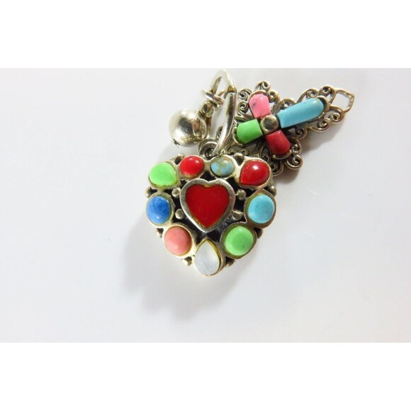 Sterling Cross Heart & Ball Colored Stone Pendant Charm SX 925 - Picture 2 of 7